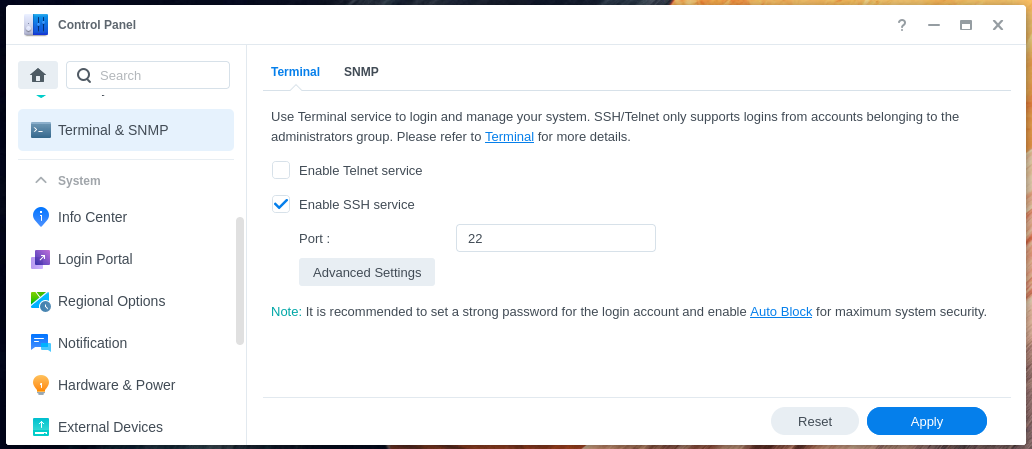 Synology control pannel. Where to stop and start sshd service.