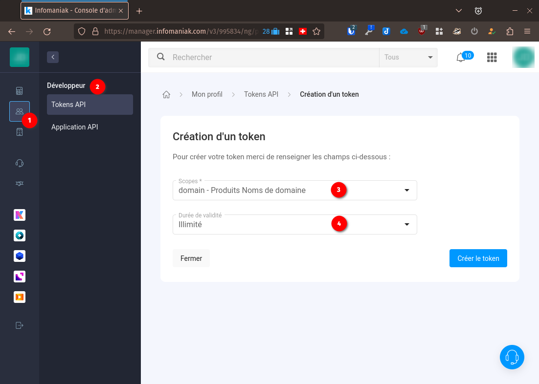 Création d'un token d'API pour gérer les entrées DNS