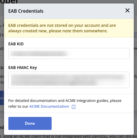 Modale apparaissant lorsqu'on demande la génération des clefs d'API