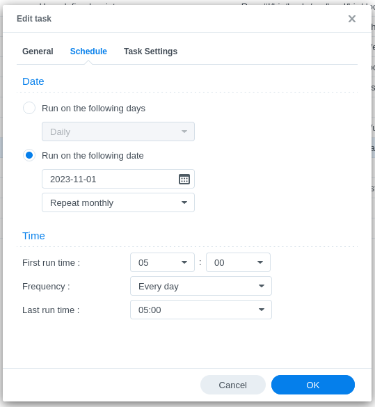 Planificateur de tâches, onglet "Schedule"